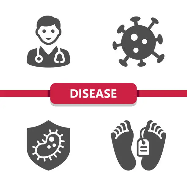 Vector illustration of Disease Icons. Doctor, Virus, Germ, Immune System, Death Vector Icon