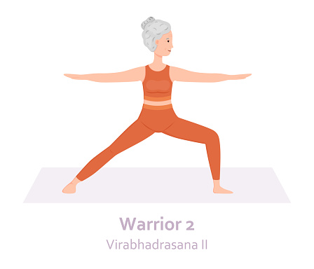 Warrior 2 Yoga pose. Virabhadrasana II. Elderly woman practicing yoga asana. Healthy lifestyle. Flat cartoon character. Vector