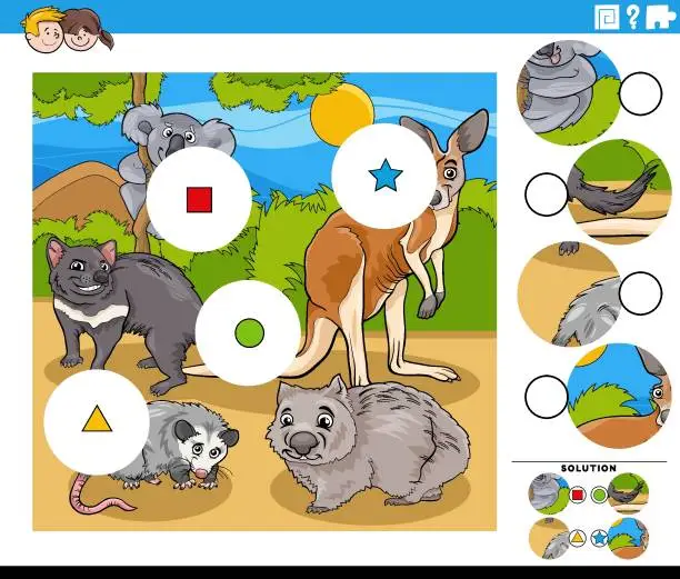 Vector illustration of match pieces game with cartoon wild animals