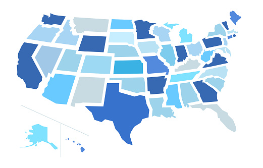 Representation of United States divided into states and regions. Infographic.