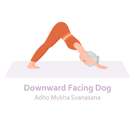 Downward Facing Dog Yoga pose. Adho Mukha Svanasana. Elderly woman practicing yoga asana. Healthy lifestyle. Flat cartoon character. Vector