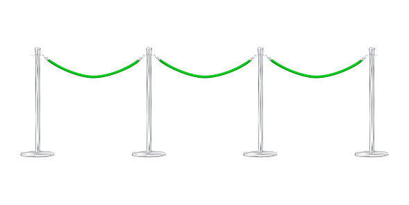 Queue, crowd control barrier isolated on white background realistic vector illustration. Green velvet rope retractable stanchion mockup for design