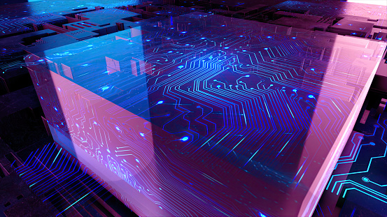3D rendered CPU on a motherplate shining in a darkness. CPU in neon colors stock photo