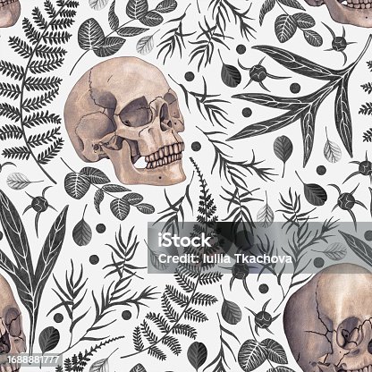 istock Isolated seamless pattern consisting of a watercolor drawn human skull in sepia color, black and white graphic leaves of peony, eucalyptus, willow, fern on a white background 1688881777