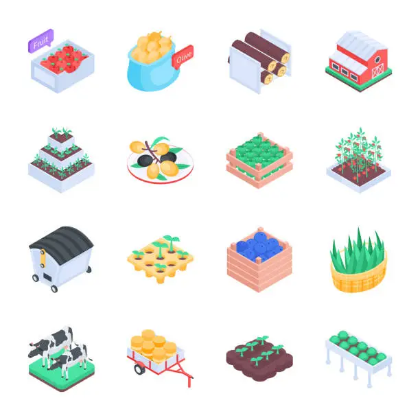 Vector illustration of Pack of Farmhouse Isometric Icons