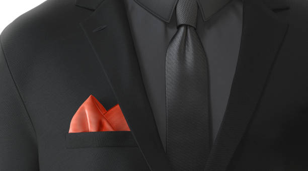 Blank red folded pocket square in black classic suit mockup