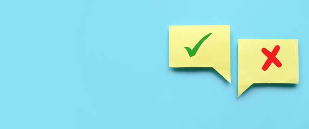 istock Concept of evaluation. True or false symbol. Accepted or rejected. Yes or no icon over a yellow bubble chat on blue background with copy space. 1688891488