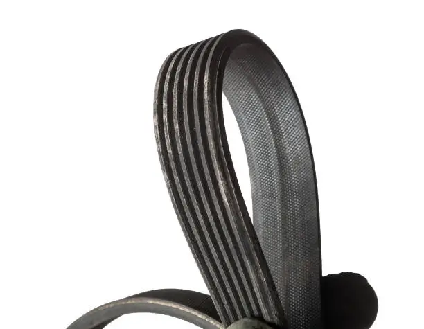 V-ribbed engine belt made of black rubber on a white isolated background in a photo studio of auto parts for replacement during repair or for a catalog of spare parts for sale on auto analysis.