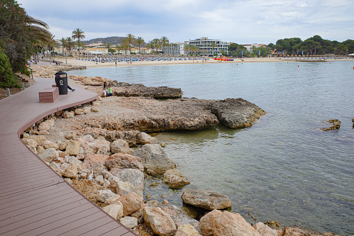 Santa Ponsa, Spain - 7 May, 2023: Beach and coastline in the tourist town of Santa Ponsa, Mallorca