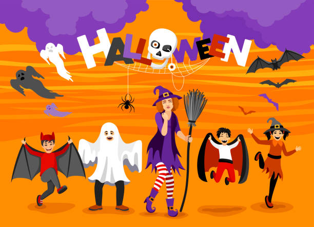 ilustraciones, imágenes clip art, dibujos animados e iconos de stock de preparándose para halloween. una joven maestra con sus alumnos más jóvenes vestidos con un disfraz de halloween. - running mummified horror spooky