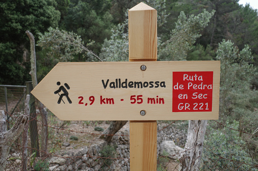 Valldemossa, Spain - 11 June, 2023: Signpost on the GR221 Trail in Mallorca's Tramuntana Mountains