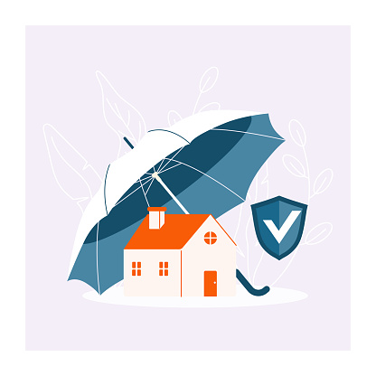 Concept security of property. Insurance home. House under an umbrella, protection from danger, providing security. Vector illustration flat design.