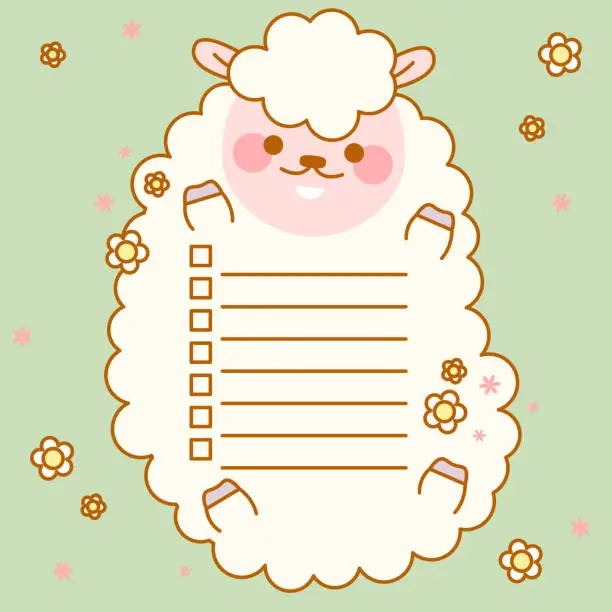 Vector illustration of Cute memo pad with sheep. Kawaii design for checklist, to do list. Notepad, memo sheet design for scrapbooking, bullet journals, gift tags, cards and invitations