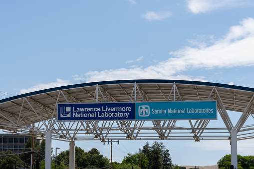 The entrance to Lawrence Livermore National Laboratory in Livermore, California, USA - June 12, 2023. The Laboratory is managed by Lawrence Livermore National Security, LLC.