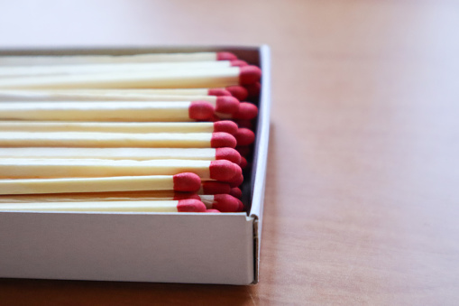 Box of matches on the wooden table, close up.