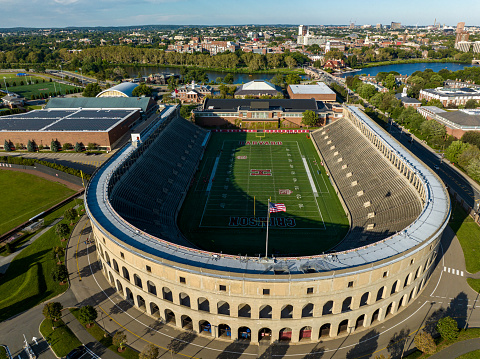 Cambridge, Massachusetts, September 17, 2023 - Aerial view of Harvard Stadium, the football stadium for Harvard University, a private Ivy League school in Cambridge established in 1636.