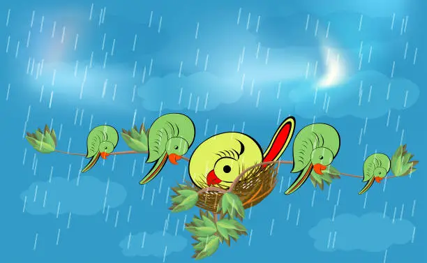 Vector illustration of rainy day birds sit on the tree