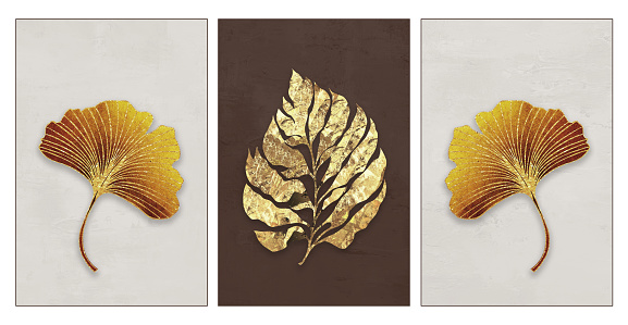Modern simple minimal canvas wall art. golden leaf on light background decor