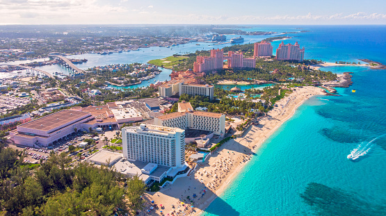 Aerial view of the  the sandy coastline on the Paradise island,  Bahamas