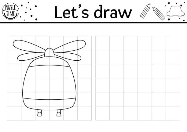 Vector illustration of Draw the helicopter front view. Vector transport drawing practice worksheet. Printable black and white activity for kids. Air transportation copy or complete the picture coloring page