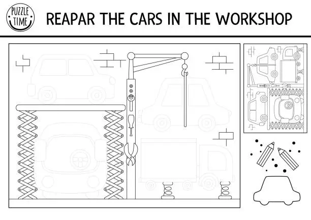 Vector illustration of Trace the vehicles in car service picture. Vector transportation drawing practice worksheet. Printable black and white activity for kids. Transport coloring page with repair workshop and jack