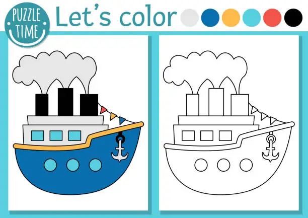 Vector illustration of Transportation coloring page for children with ship. Vector water transport outline illustration with cute steamship. Color book for kids with colored example. Drawing skills printable worksheet