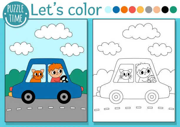 Vector illustration of Transportation coloring page for children with car, driver, cat. Vector water transport outline illustration. Color book for kids with colored example. Drawing skills printable worksheet