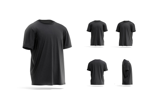 Blank black oversize t-shirt mockup, different sides, 3d rendering. Empty classic oversized tee-shirt with sleeve and crew neck mock up, isolated. Clear sportor daily cotton clothing model template.