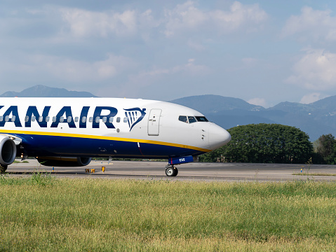 A Ryanair Boeing 737-800 is taxiing to the runway for take-off at the Bergamo Milano International Airport