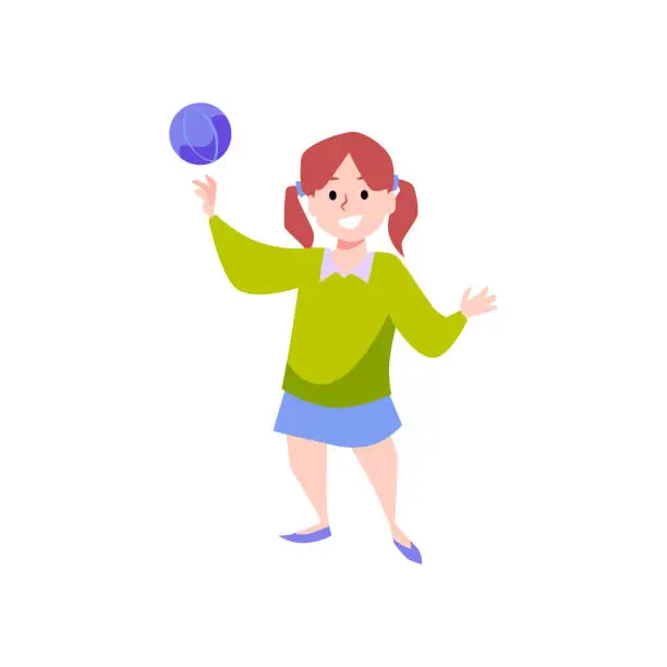 Vector illustration of Happy kid girl with blue ball toy flat style, vector illustration