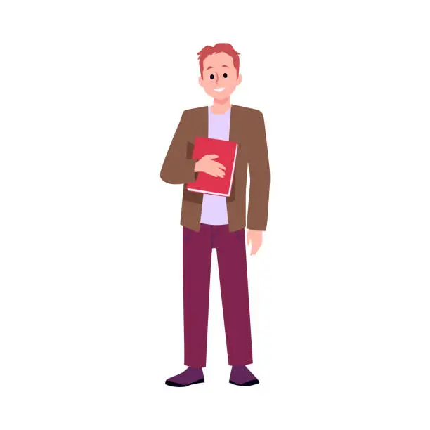 Vector illustration of Smiling young man in casual clothes holding a book, success businessman portrait full body, vector cartoon single model