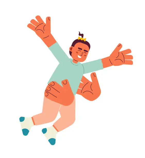 Vector illustration of Two arms tossing toddler girl in air semi flat color vector character