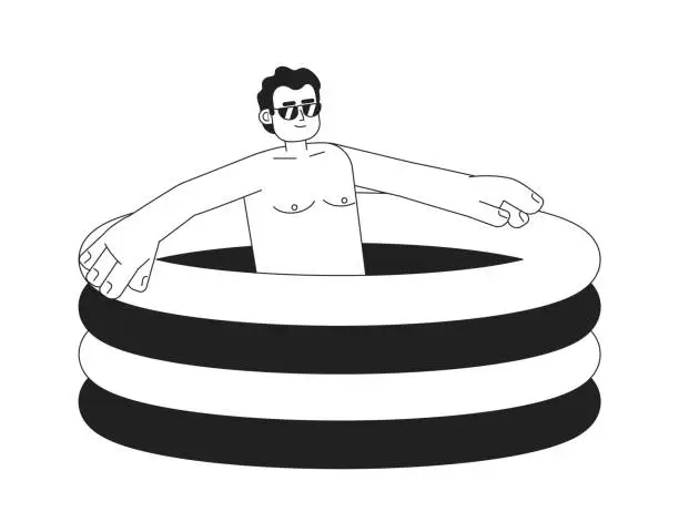 Vector illustration of Latino sunglasses man in inflatable swimming pool monochromatic flat vector character