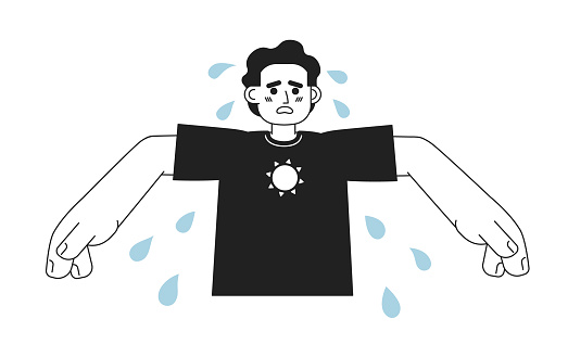 Middle eastern exhausted man excessive sweating monochromatic flat vector character. Hyperhidrosis. Editable thin line half body person on white. Simple bw cartoon spot image for web graphic design