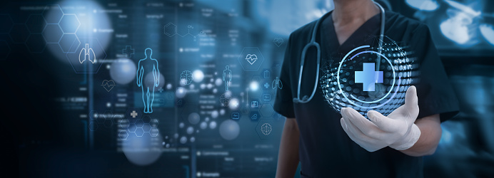 Medical technology. Doctor holding health icon with dna, electronic medical record. Digital healthcare and research with global network connection on hologram virtual screen, insurance, digital health technology