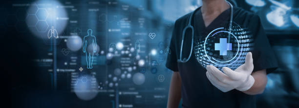 Medical technology. Doctor holding health icon with dna, electronic medical record. Digital healthcare and research with global network connection on hologram virtual screen, insurance, digital health technology Medical technology. Doctor holding health icon with dna, electronic medical record. Digital healthcare and research with global network connection on hologram virtual screen, insurance, digital health technology healthcare and medicine stock pictures, royalty-free photos & images