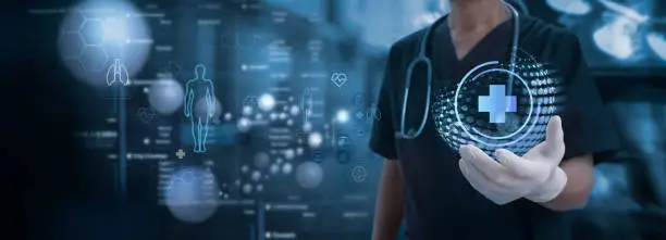 Photo of Medical technology. Doctor holding health icon with dna, electronic medical record. Digital healthcare and research with global network connection on hologram virtual screen, insurance, digital health technology