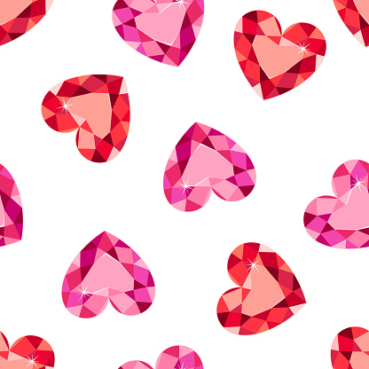 Red heart shaped diamond seamless pattern. Love background. Vector flat illustration of ruby crystal.