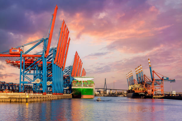 Scenic front giant cargo container ship loading Hamburg city port harbour seaport cranes warm dramatic sky evening sunset light. Global commercial trade freight charter shipping logistics background.