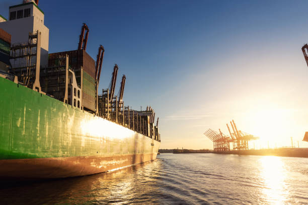 istock Scenic view giant cargo container ship loading Hamburg city port harbour against seaport cranes warm evening sunset lights. Global commercial trade freight charter shipping and logistics background 1689010555