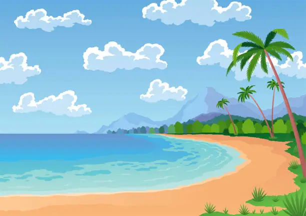 Vector illustration of Beach landscape with palm trees, sandy shore, blue water and sky, and clouds. Beautiful seaside tropical banner. Summertime vacation on sea coast, vector illustration