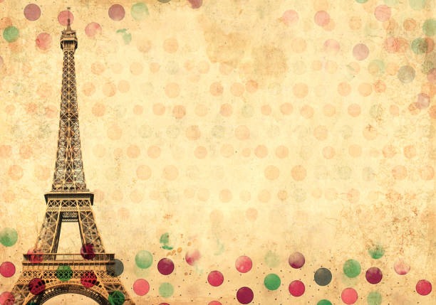 istock Old cardboard texture with Eiffel Tower - famous landmark of Paris and polka dots pattern. Horizontal retro travel banner with paper texture. Vintage card with Eiffel Tower 1689015516