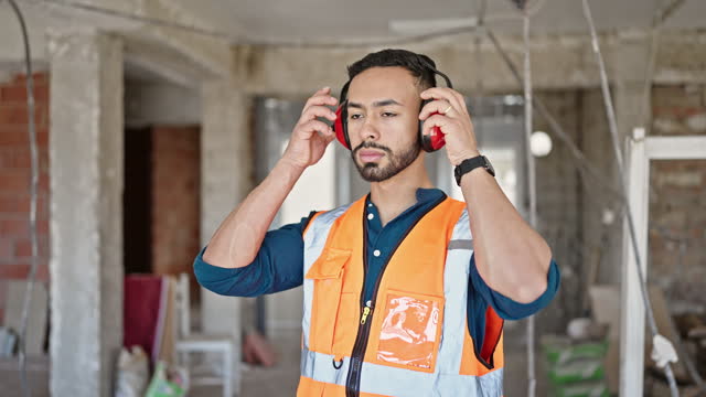 Young hispanic man builder with crossed arms wearing noise cancelling earmuffs at construction site