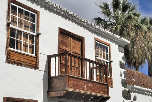 Traditional house with wooden balconies at Santa Cruz de la Palma, Canary Islands, Spain .