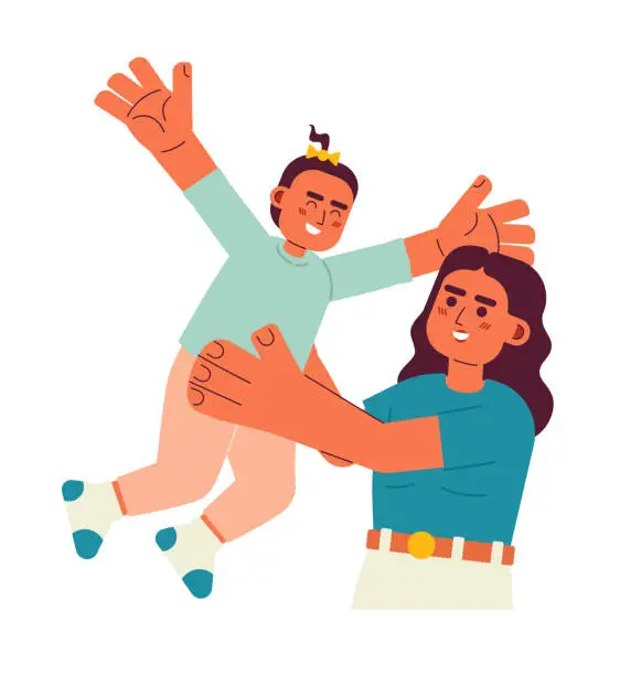 Vector illustration of Smiling mother tossing baby girl in air semi flat color vector characters