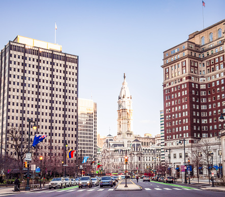 Philadelphia, USA - Daytime traffic in downtown Philadelphia on a sunny spring day in March.