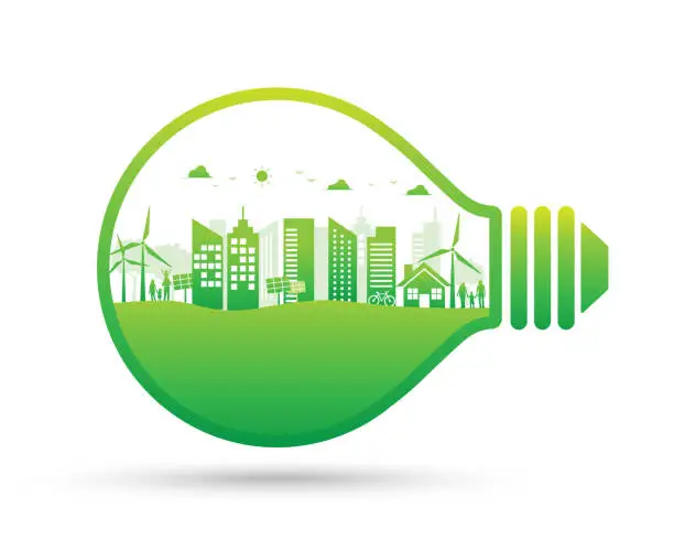 Vector illustration of green light bulb and ecology environment cityscape. World  sustainable development. Vector illustration in flat design. isolated on white background. Clean and natural energy.