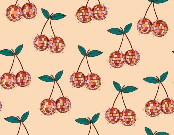Vector illustration of Cool mirror cherries Seamless groovy pattern with. Cherry Disco ball vector illustration. Design for fashion ,
