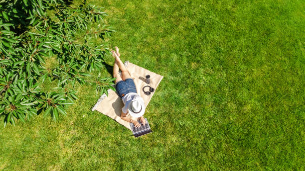 istock Young woman using laptop computer in park, student girl freelancer working and studying online outdoors sitting on grass with headphones and laptop, aerial drone view from above 1689066477