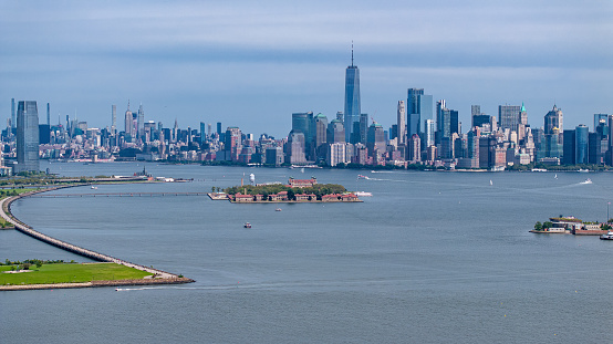 Aerial view of Ellis Island with New York City background